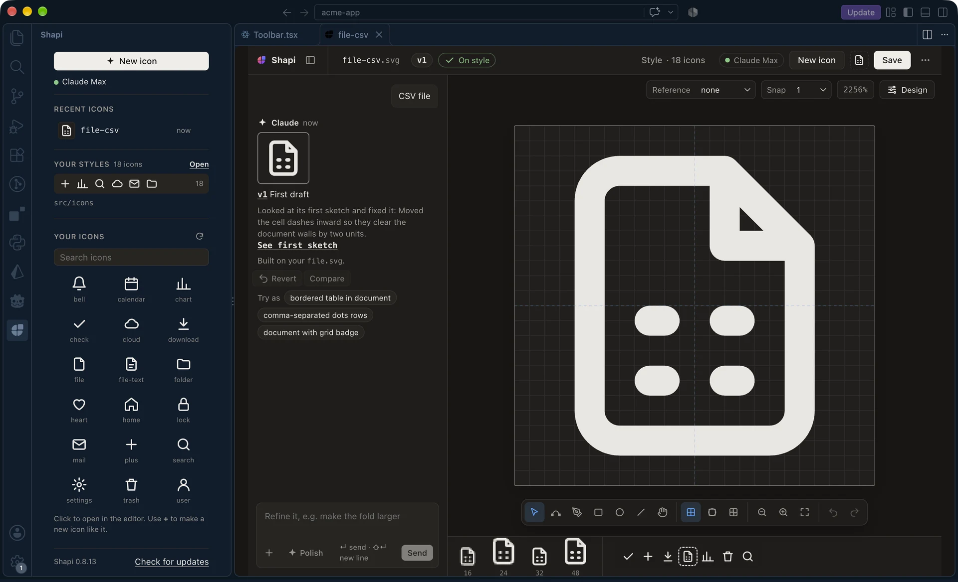 VS Code with the Shapi sidebar listing the repo's 18 icons, and a Shapi tab with Claude's chat on the left and a new CSV file icon on the vector canvas on the right.